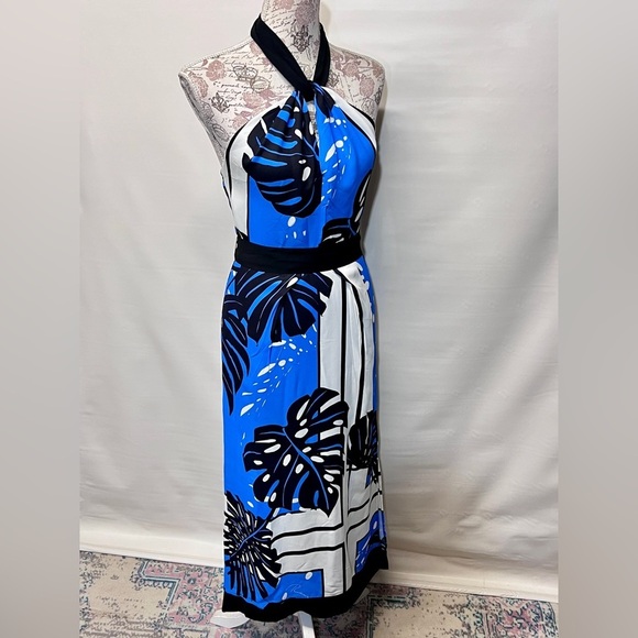 REISS ERIN Royal blue and white palm print halter neck maxi dress size 2. - Picture 7 of 13